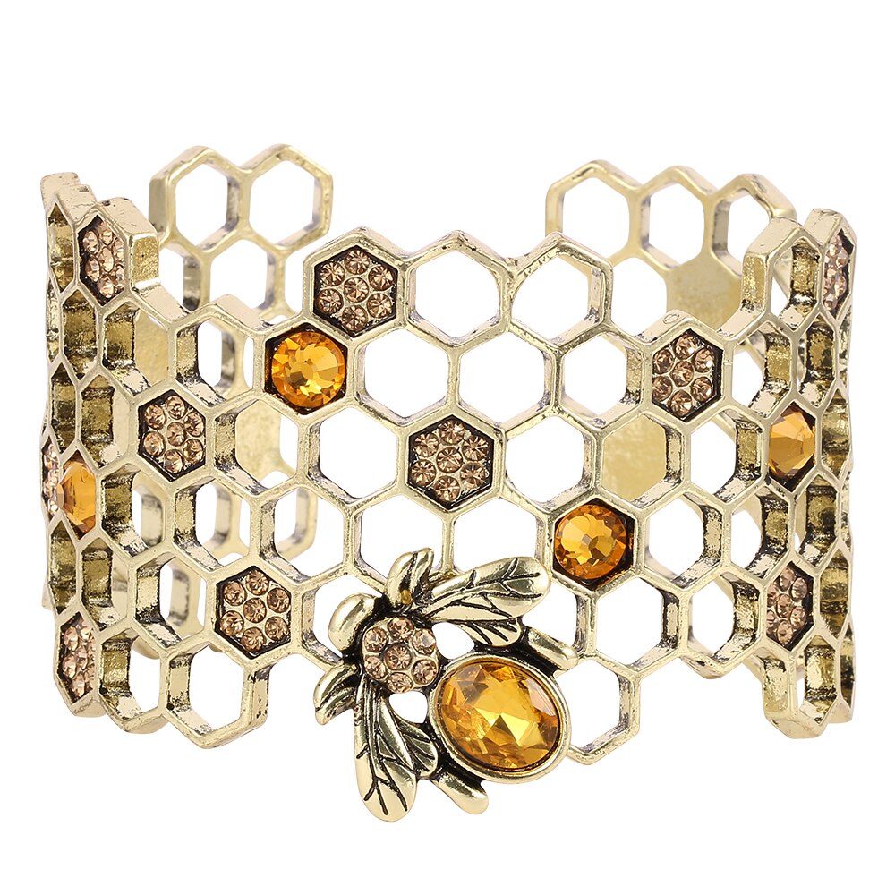 Cute Honeycomb Cuff Bracelet Beehive Honey Bee Bangles Women Geometric Honeycomb Bangle Bee Charms Bracelet Women