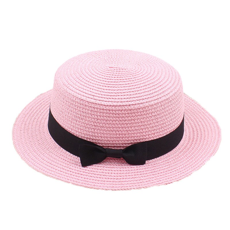 Zomer Vrouwen Hoed Strand Strooien Hoed Panama Dames Cap Modieuze Handgemaakte Toevallige Platte Rand Strik Zon Hoeden Voor Vrouwen: Pink