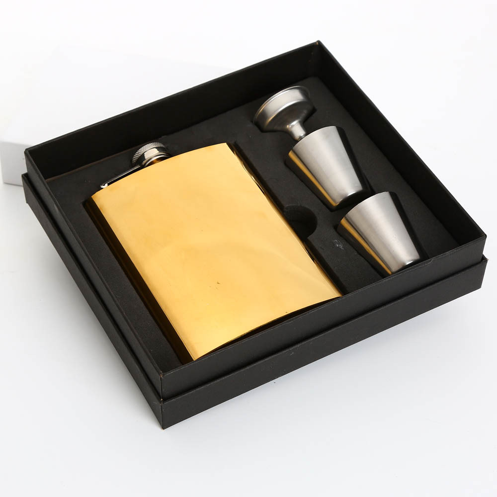 8oz Colorful Stainless Steel Hip Flask Set Whiskey Wine Bottle Retro Alcohol Pocket Flagon With Box For: Gold Set