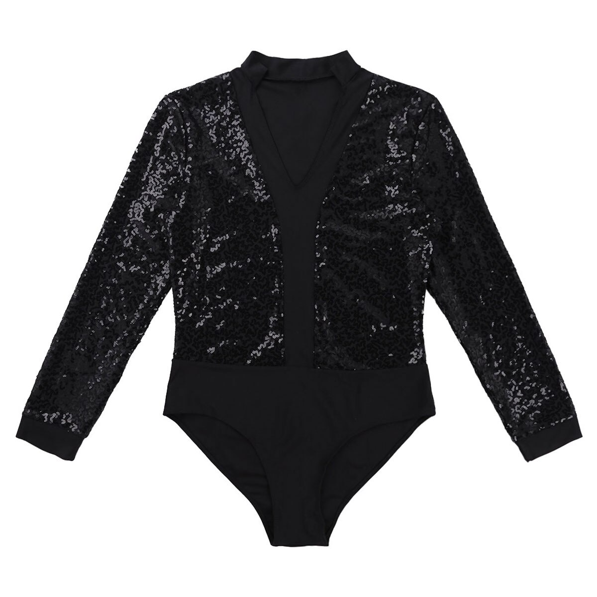 Camiseta de baile de Ballet latino de lentejuelas para hombre, leotardos de manga larga, mono de gimnasia de corte alto, mono de salón para adulto, Ropa de baile: Black / XL