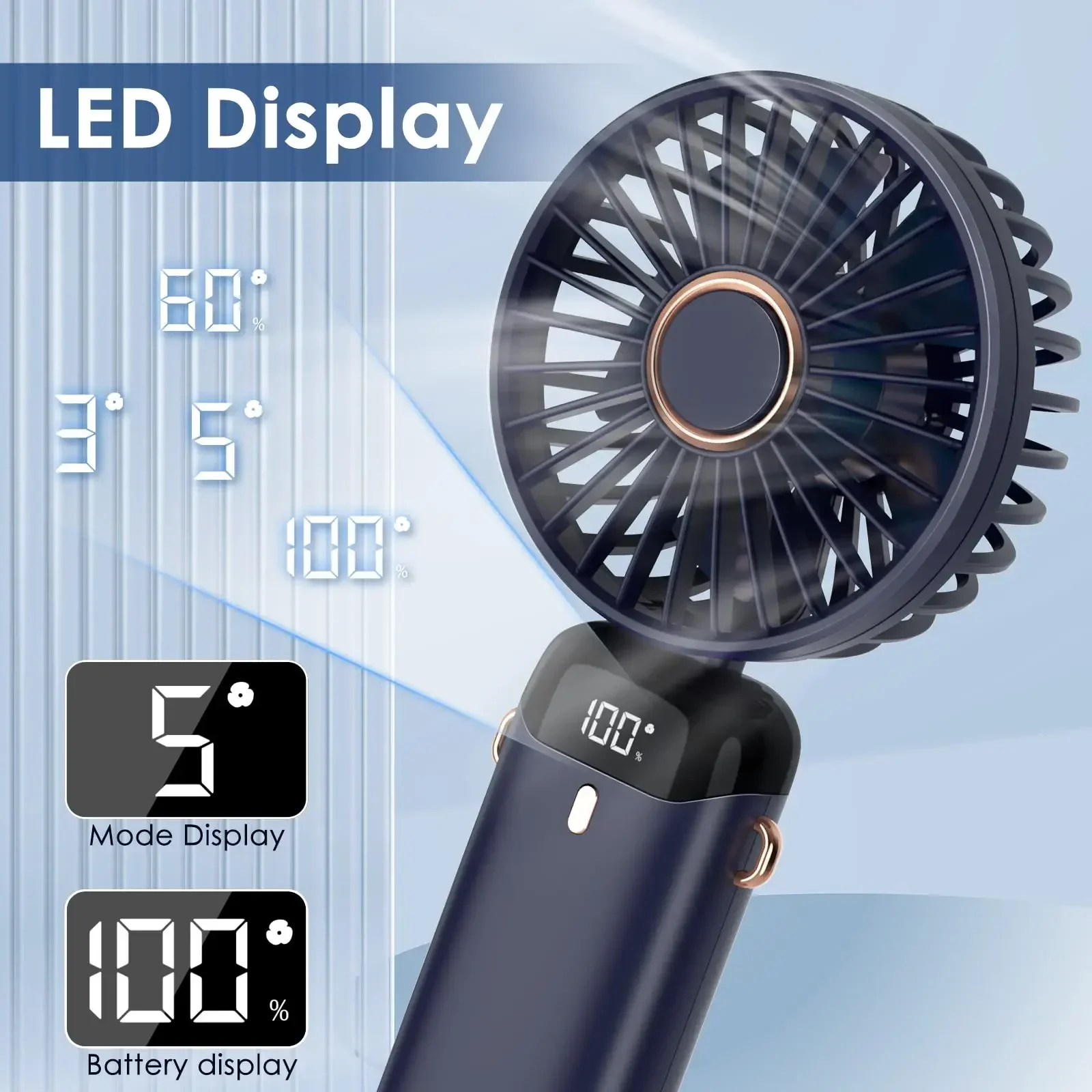 Ventilador Portátil 5000mAh Recargable 90 ° Mini aire acondicionado plegable de 5 velocidades, ventilador pequeño, enfriador de aire con pantalla digital LED