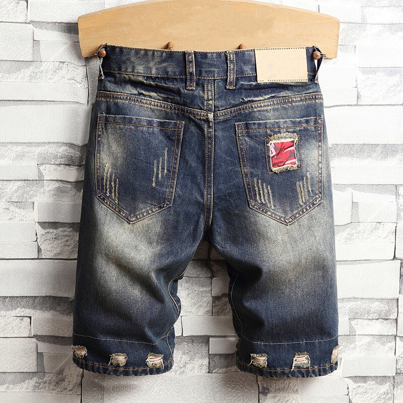 Sommar herr hål slitna jeansshorts japan stil vintage knälånga jeans personlighet patchwork korta jeansbyxor