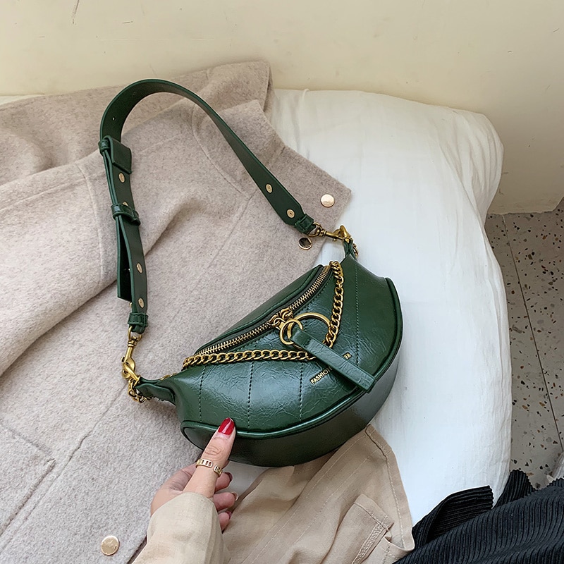 PU Leather Hobos Small Chains Crossbody Bags Womens Chest Messenger Bag Lady Solid Cell Phone Handbags and Purses: Green