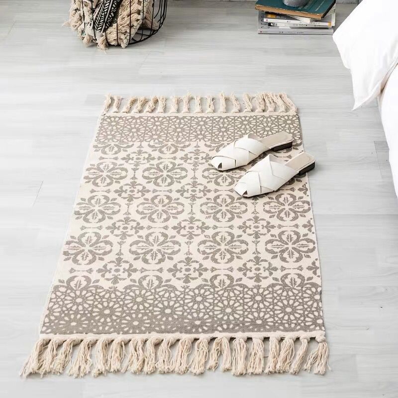 Bohemian Tassel Simple Cotton Linen Retro Ethnic Style Carpet Floor Mat For Bedroom Living Room Bedside Small Prayer Rug 60x90cm