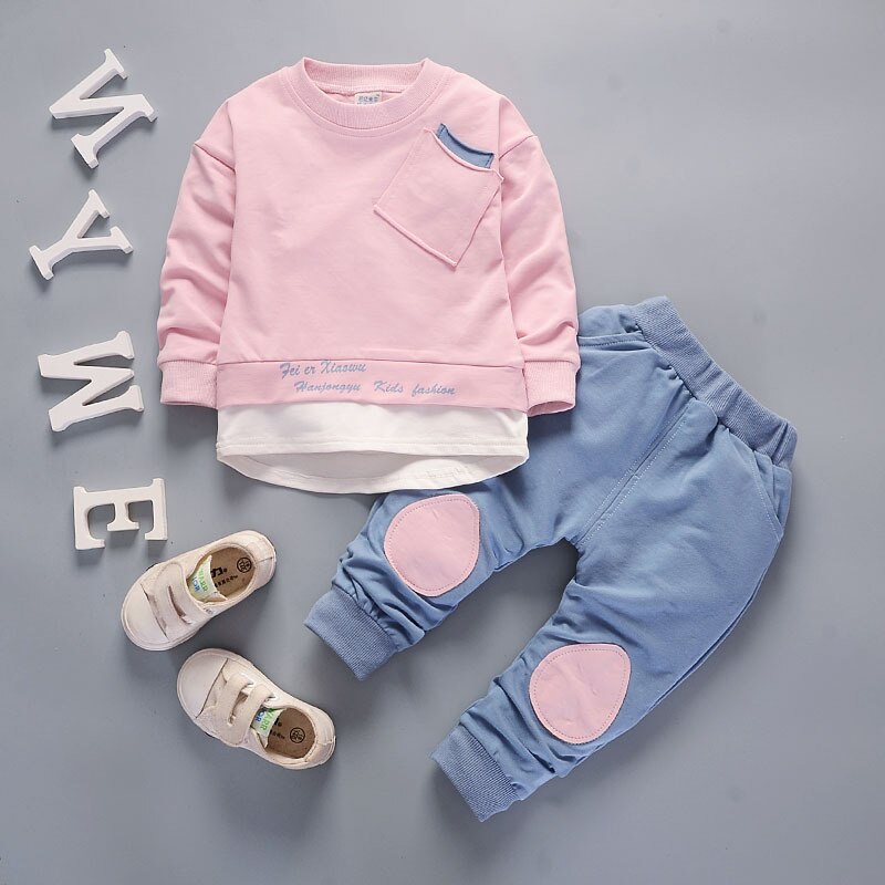 AiLe Rabbit children's clothes set Boys Girls Spring Autumn Long Sleeve Top Pants 2 Piece Set Pocket Decoration 3 color
