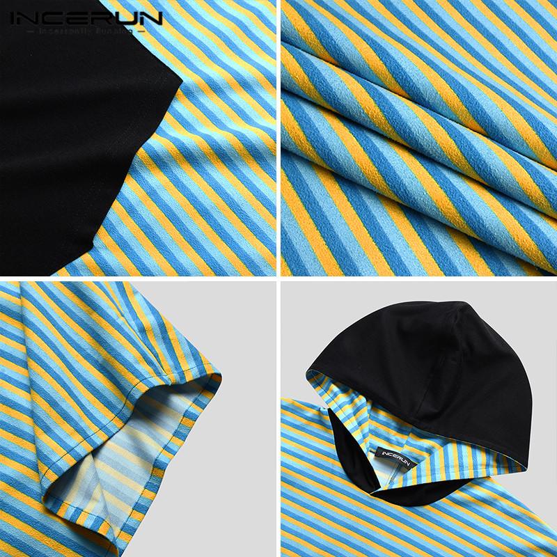 Man Patchwork Slaap Gewaden Mens Casual Badjassen Korte Mouw Hooded Nachtjapon Leisure Zakken Ademend Homewear Incerun S-5XL