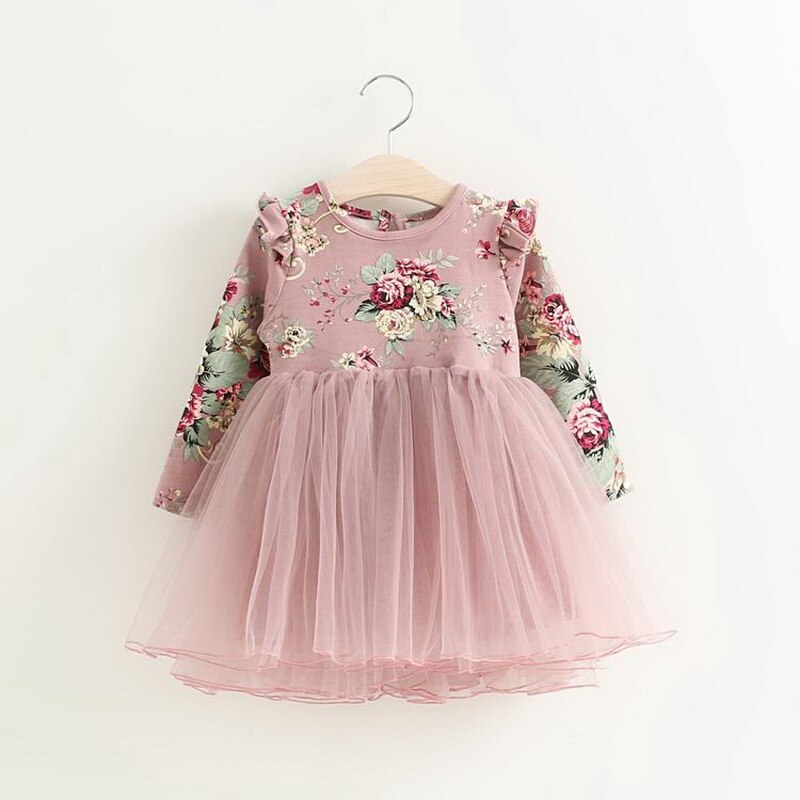 Pigekjole blomstret julekjole pige langærmet fluffy tutu prinsessekjole børnetøj  e504779: Lyserød / 100cm 3y