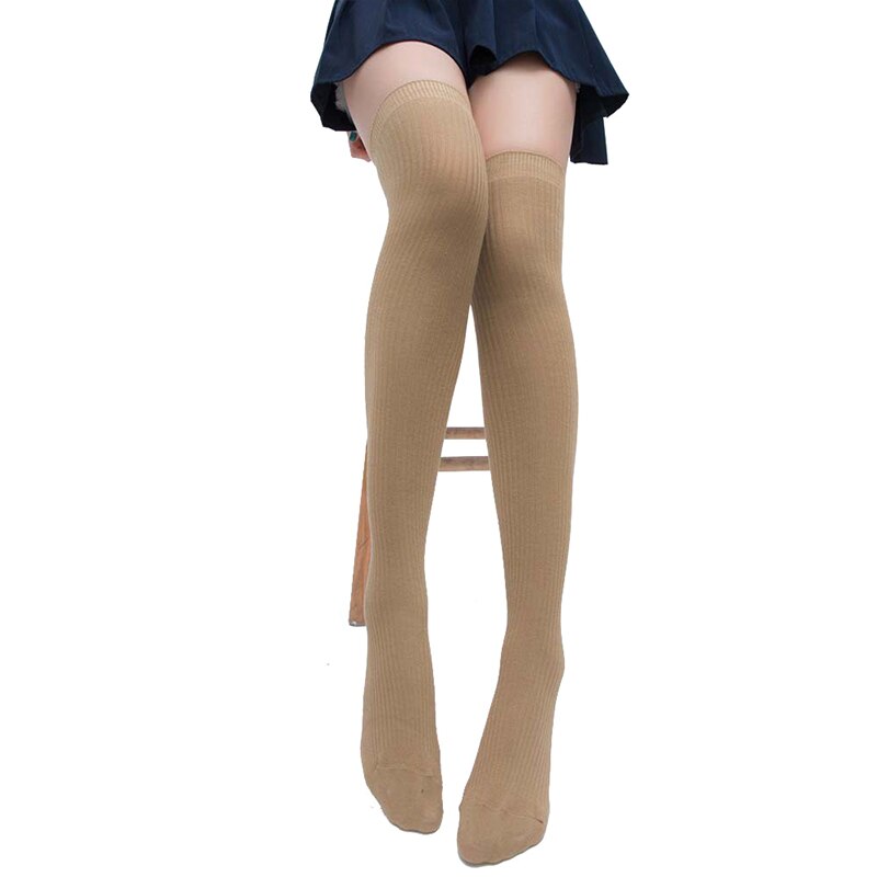 1Pair Women Girls Over Knee High Thigh Stockings Elastic Striped Knitted Long Comforable Spring Autumn Winter Warm Hosiery: Khaki