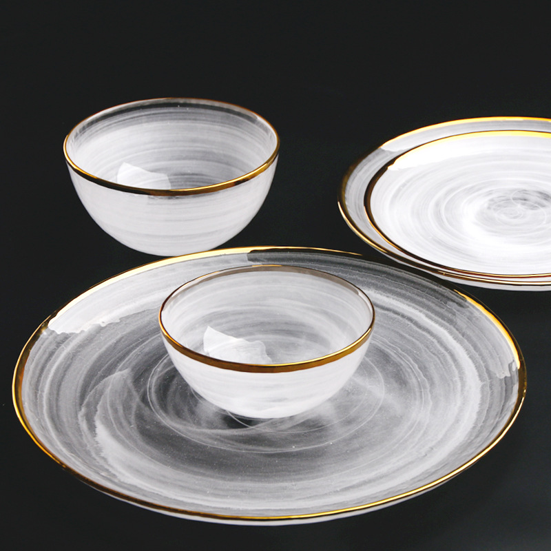 Glass Cutlery Set Flat Plate Golden Edge Plate Salad Bowl Dinnerware Set Plate Mist Side Tray Glass Tableware Set Soup Bowl 1pcs