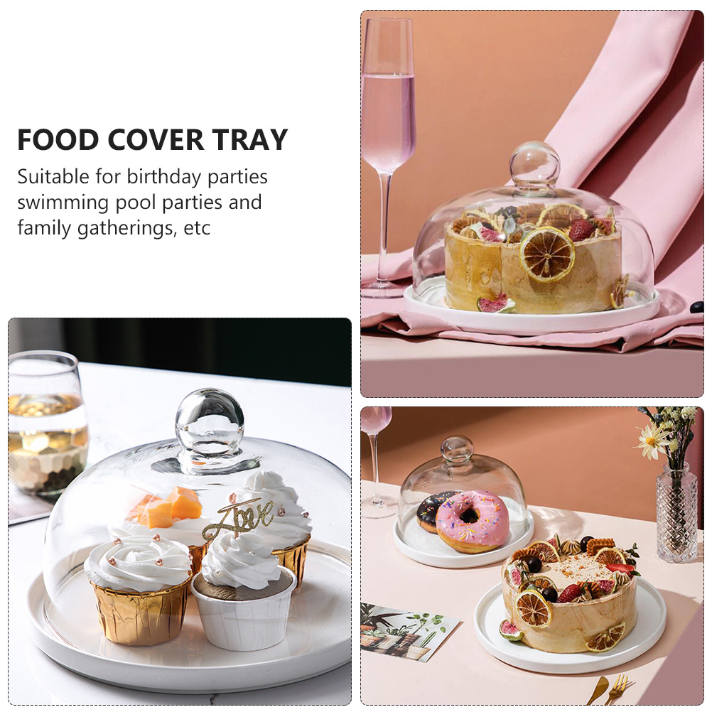 Household Ceramic Cake Plate Dessert Plate Fruit Platter with Glass Cover