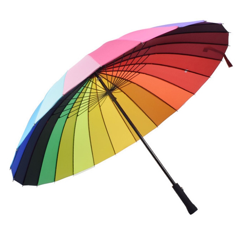 24k ribbe farge regnbue langt håndtak rett anti-uv sol/regn stick paraply manuell stor parasoll