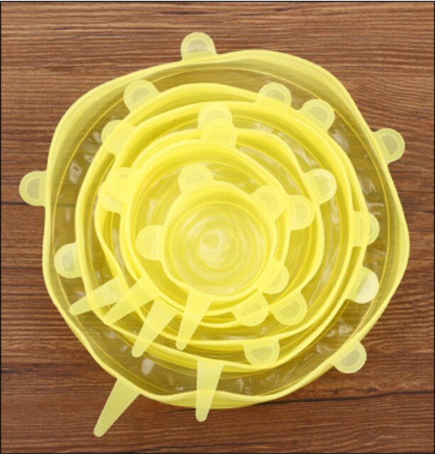 Juego de 6 tapas universales de silicona para comida, tapas de silicona para utensilios de cocina, recipiente para envolver, tapas elásticas reutilizables, accesorios de cocina y Bar: Amarillo