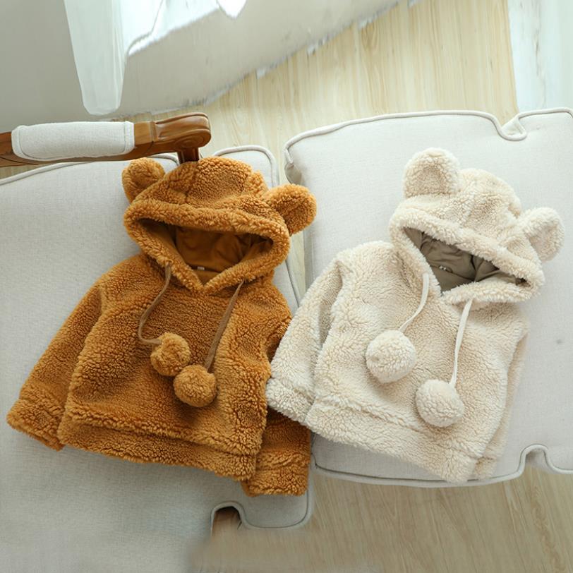 Winter Toddler Girls Clothes Boy Thicken Warm Cute Bear Top Baby Korean Lamb Wool Hooded Sweater