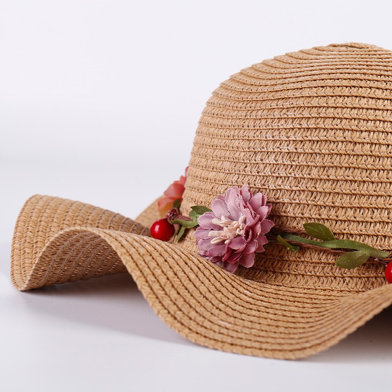 Bloemen ouder-kind Zomer Meisje Zonnehoed Cap Rose Rood Bruin Licht Roze Stro Platte Top Zomer strand Strooien Hoed Strand Caps