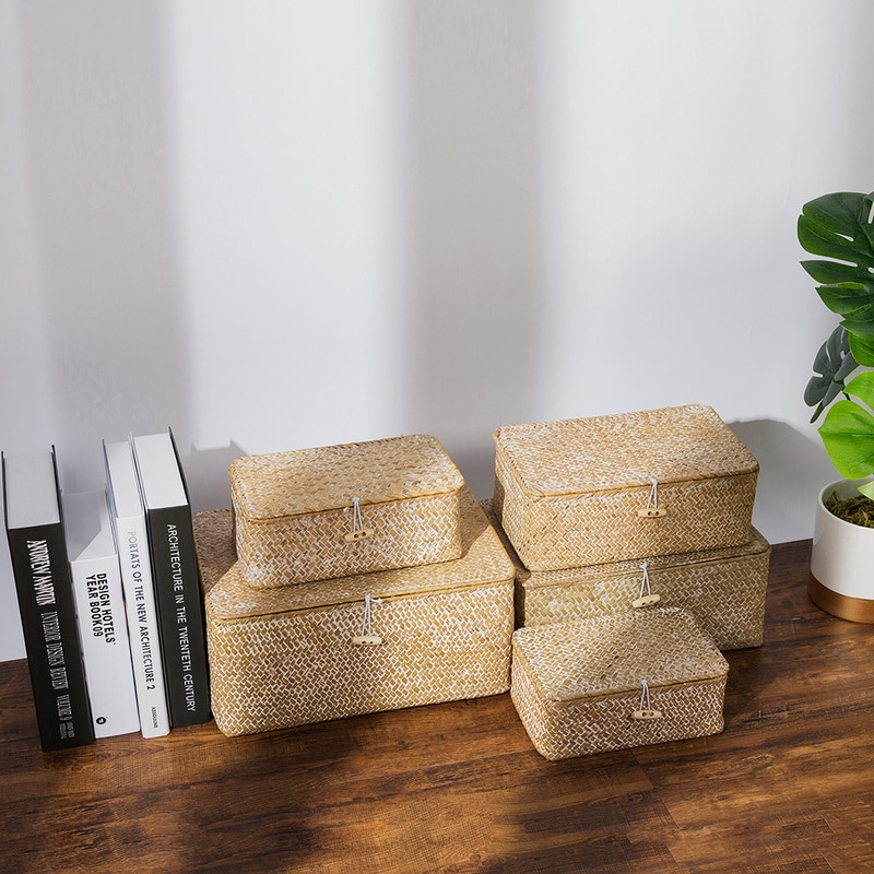 Rectangular Straw Storage Boxes with Lids Hand-woven Wicker Storage Baskets Home Storage Sundries Laundry Toys Box Organizer