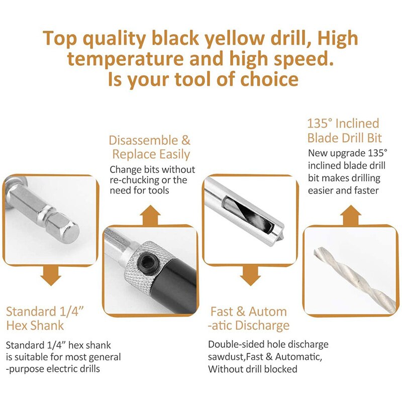 jeu de trépans de carottage à charnière auto-centrante (16 pièces) avec poinçon central automatique (1PC) pour le travail du bois