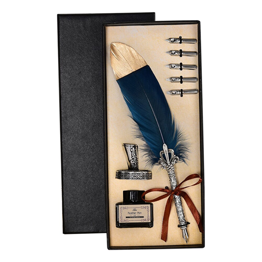 Vintage Calligraphy Feather Dip Pen Pen Handle 2/5 Nib Writing Ink Set Quill Fountain Pen Writing Set Birthday