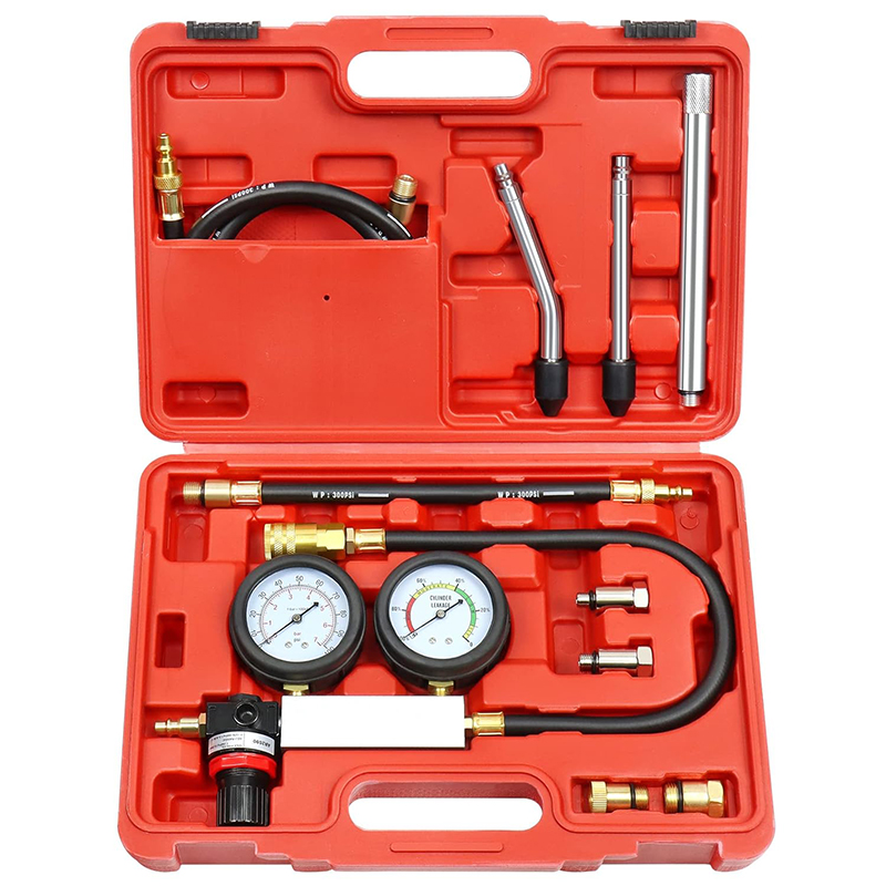 Upgraded Automotive Cylinder Leak Down Tester Kit Gasoline Engine Compression Dual Gauge Leakdown Detector Tool Set: RED