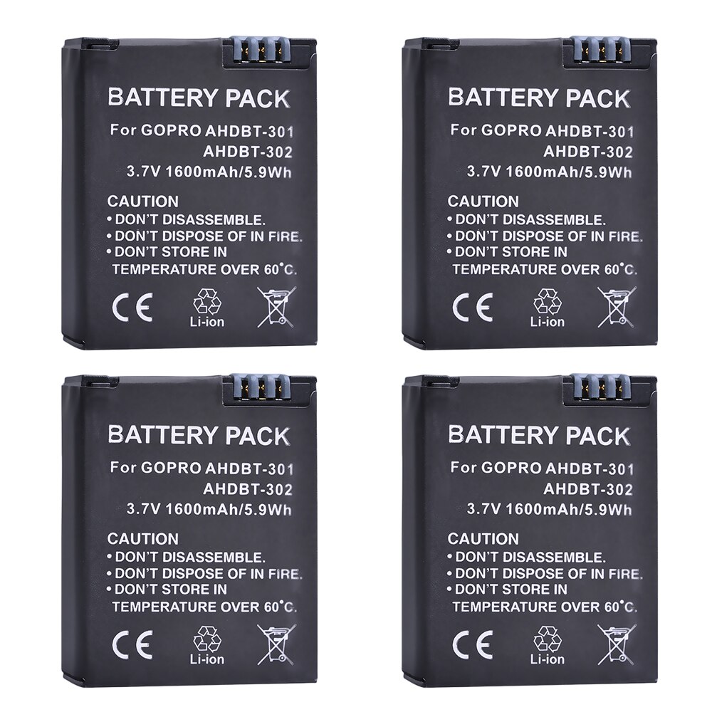 2 uds. De AHDBT-301 de 1600mAh para GoPro Hero 3, batería para cámara GoPro Hero3 Hero 3 +, edición plata HD, color blanco y negro: 4 battery