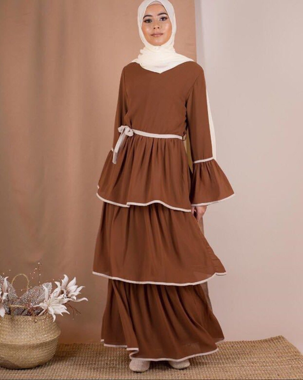 Muslim Dress Women Dubai Abaya Ruffles Full Sleeve Casual Ladies Islamic Clothes Moroccan Kaftan Long Maxi Dresses: Brown / 2XL