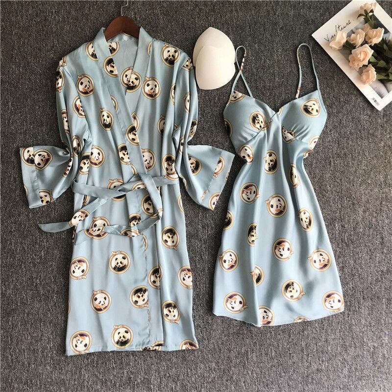 Women Satin Sleepwear Robe Sexy Silk Robe Gown Set Sleep Lounge Indoor Clothing Ladies Nightwear Nightdress With Chest Pads: Panda / XL