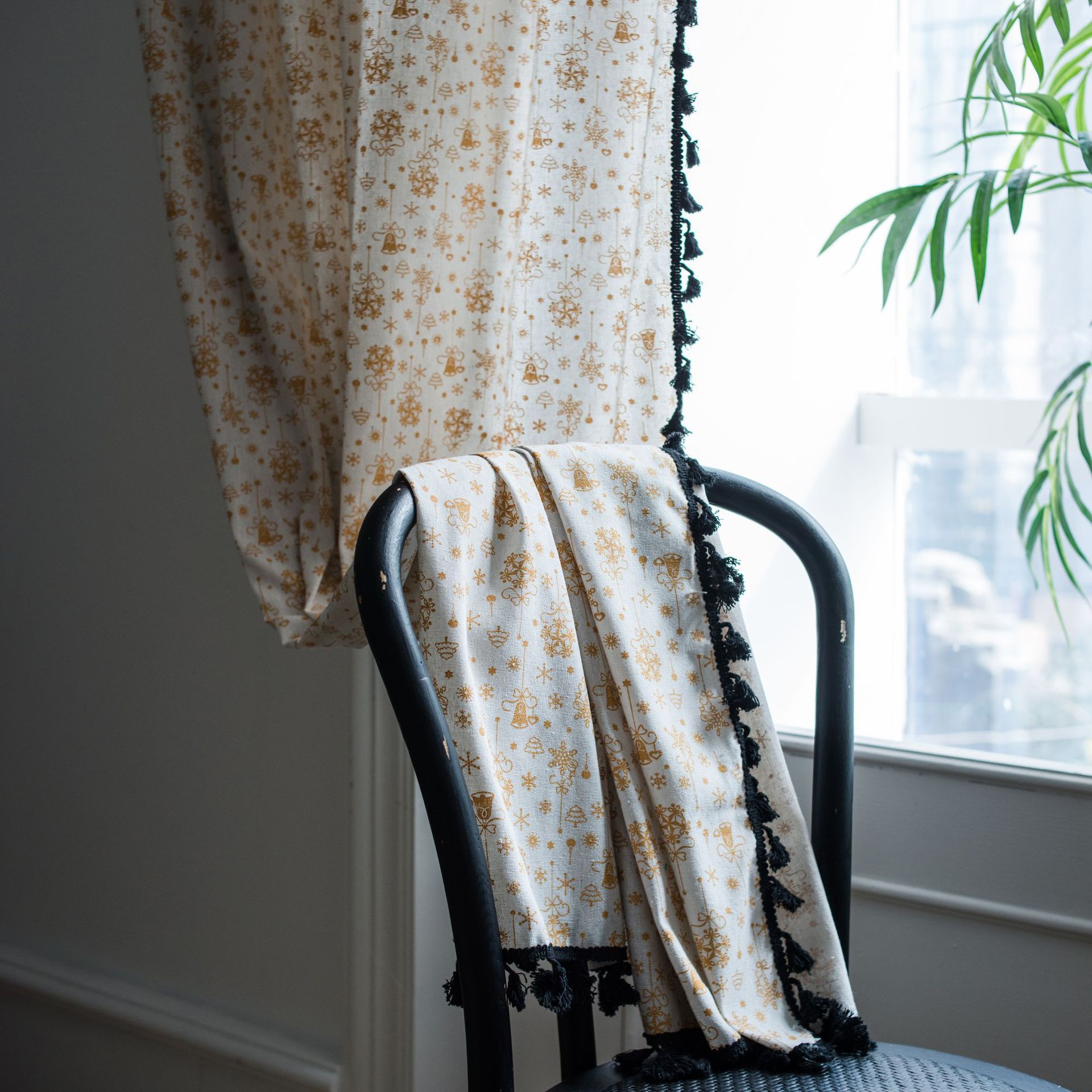 Luxe Witte Kerst Gordijnen Amerikaanse Katoen-Linnen Bronzing Chimes Gordijn Semi-Shading Erker Decoratie Woonkamer