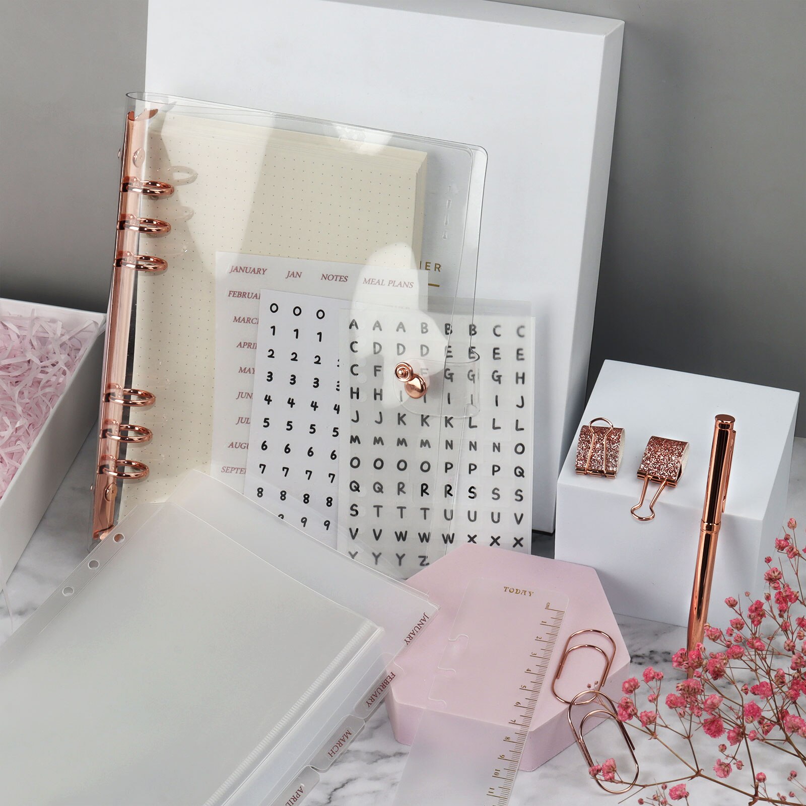 Classeur à feuilles mobiles en PVC Transparent, 6 anneaux, Clips de reliure en or Rose, grand carnet A5, ensemble de Journal planificateur