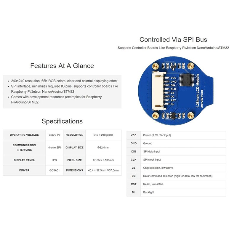 1.28Inch Round Display LCD Screen Module GC9A01 SPI Communication RGB 65K Color Support Raspberry