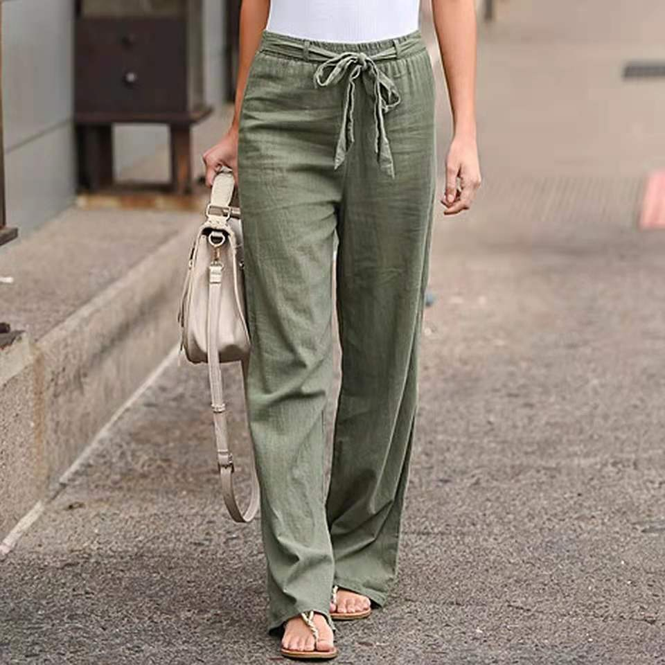 Women Solid Long Pants Women Casual Loose Cotton Linen Lace Up Elastic Waist Wide Leg Trousers Ladies Streetwear Straight Pants: 4XL / army green