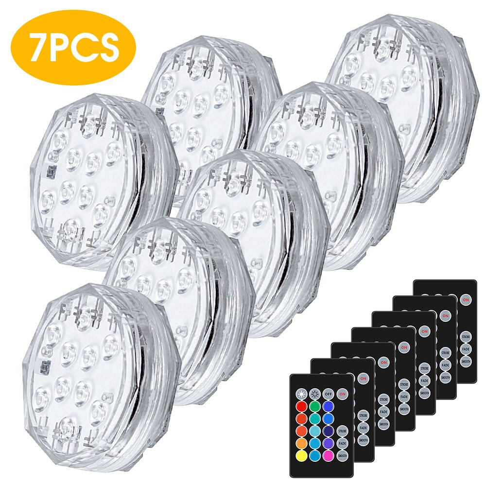 10Led RGB Remote Control Underwater Lights Waterproof Swim Pool Light Submersible Light Decorative Night Lamp Pool Equipment: 7Pcs