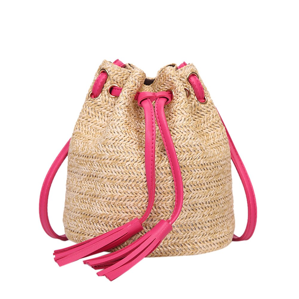 Frauen Taschen Stroh Strand Frauen Taschen fest Farbe Hohe Kapazität Weben Quasten Schulter Eimer Strand Taschen Für Frauen: heiß rosa 