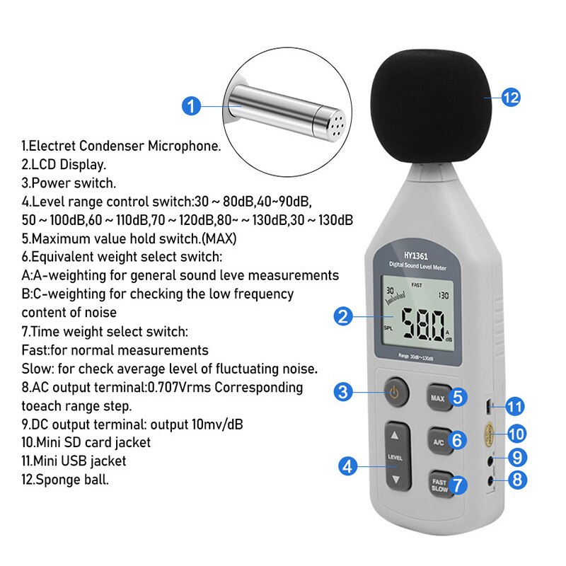 Digital Sound Level db Meter 30~130dB Handheld Noise Tester
