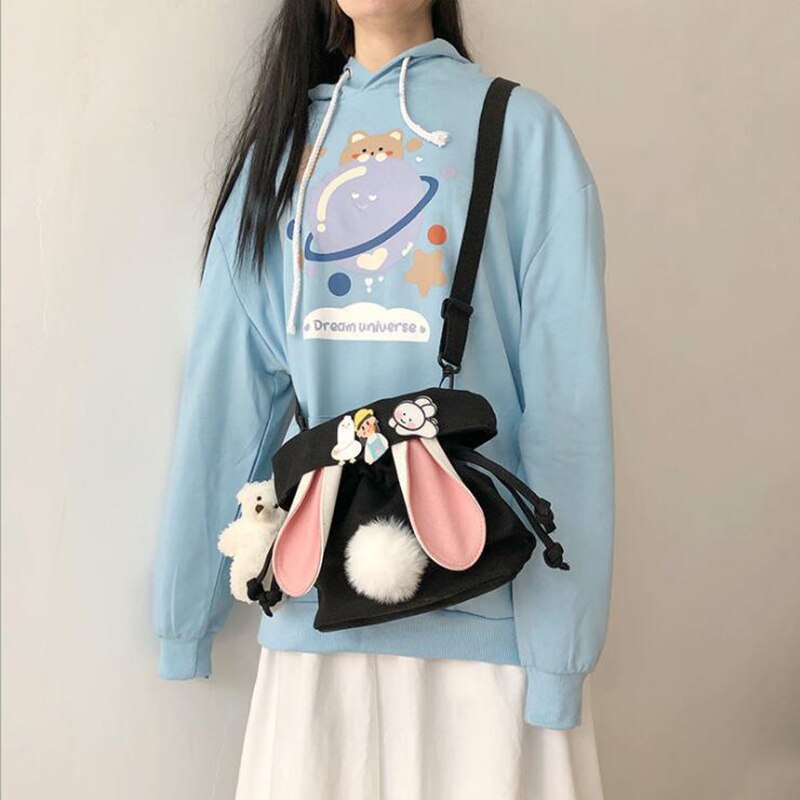 SchöNe Kaninchen Ohren Leinwand Tasche Lolita Mädchen Studenten Kordelzug Tasche Bote Taschen
