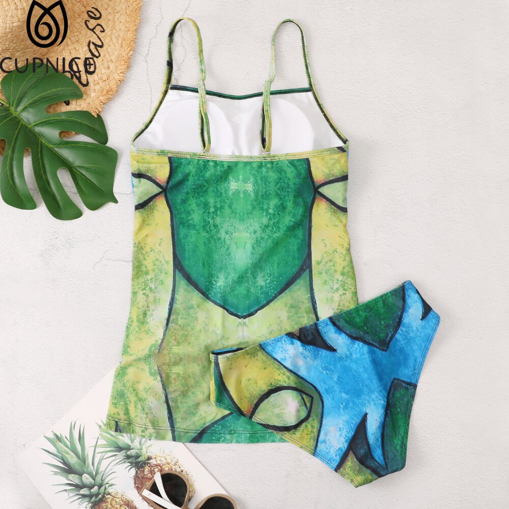 Längeres tankini mit shorts, damen, großer mund, bedruckt, gepolstert, gerafft, mit kordelzug und quasten