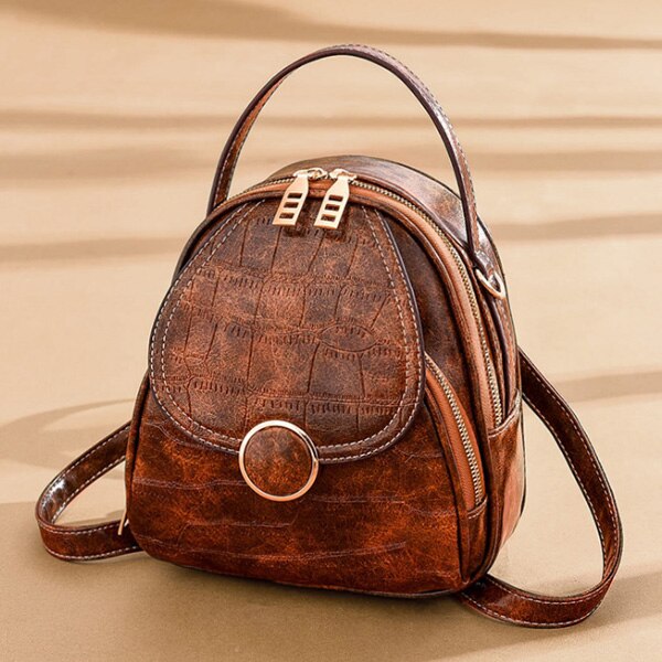 Mochila de couro pu de ombro feminina, multifunção, pequena, para escola, para adolescentes: Brown