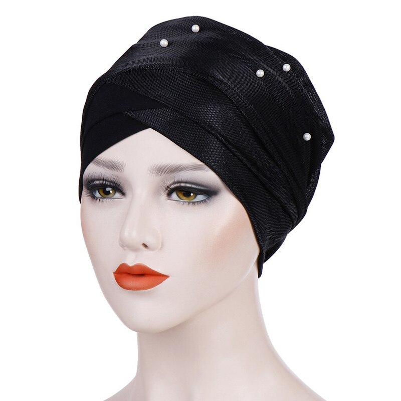 Shiny Pearl Head Scarf for muslim women turban bonnet hijab Caps white pearl Inner hijabs femme musulman arab wrap turbantes: Black