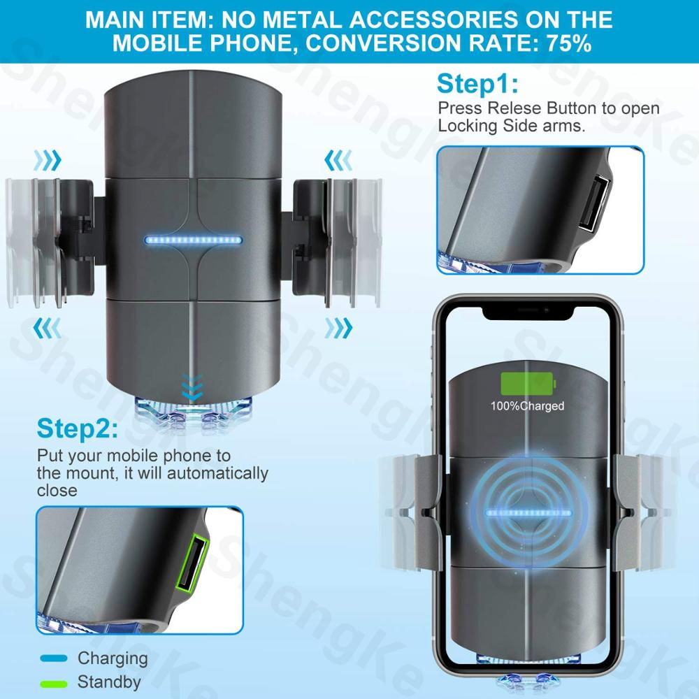 Aperto automático carregador de carro sem fio qc 3.0 qi 10 w carregamento rápido montagem do carro para o iphone 11 xs xr x samsung s10 + s9 s8 nota 9