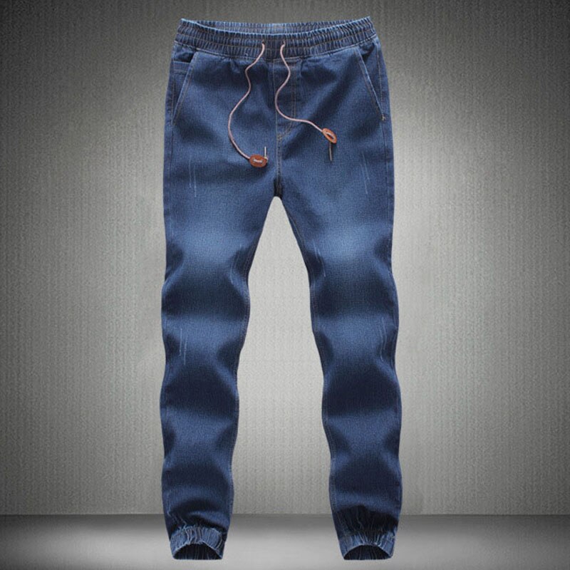 Høj kvalitet mænd elastisk talje denim jeans ankelbåndede bukser herre snoretræk stretch ben haremsbukser plus størrelse m - 5xl: Mørkeblå / 5xl