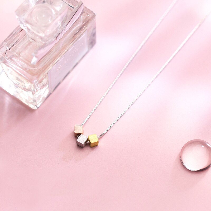 Mloveacc 925 Sterling Zilveren 3 Kleur Vierkante Cube Charm Kettingen Voor Vrouwen Mode Meisje Sterling-Zilver-sieraden