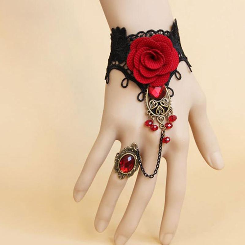 Gothic Lace Red Rose Armband Sieraden met Verstelbare Vinger Ring Bruid Wieden Legering Kostuum Kralen Sieraden Sets