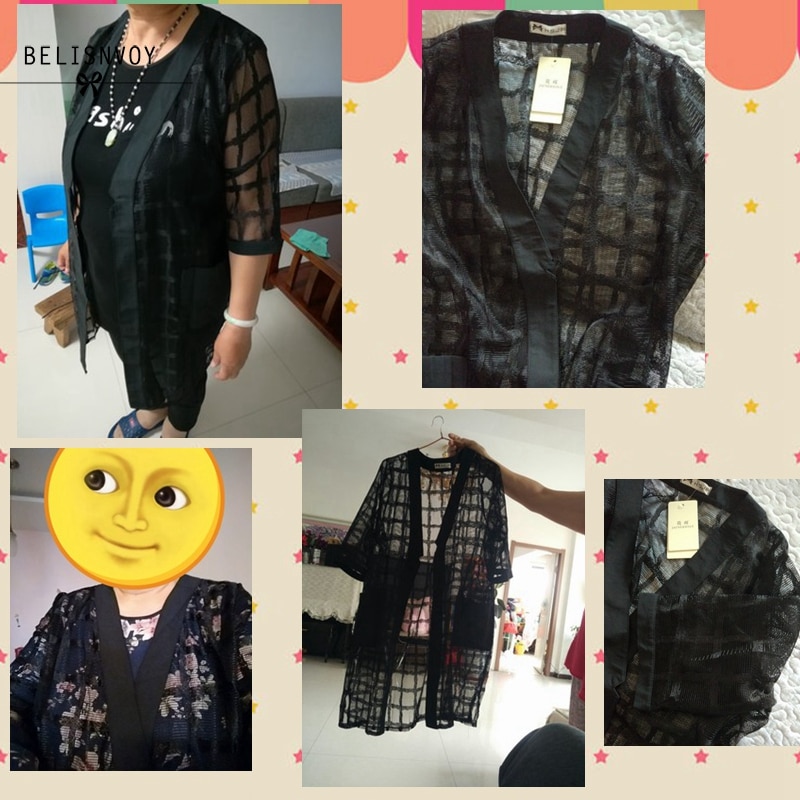 Plus Size Chiffon Coat Summer Style Women Clothing Black Plaid Perspecti Loose Half Sleeve Lady Long Mesh Cardigan