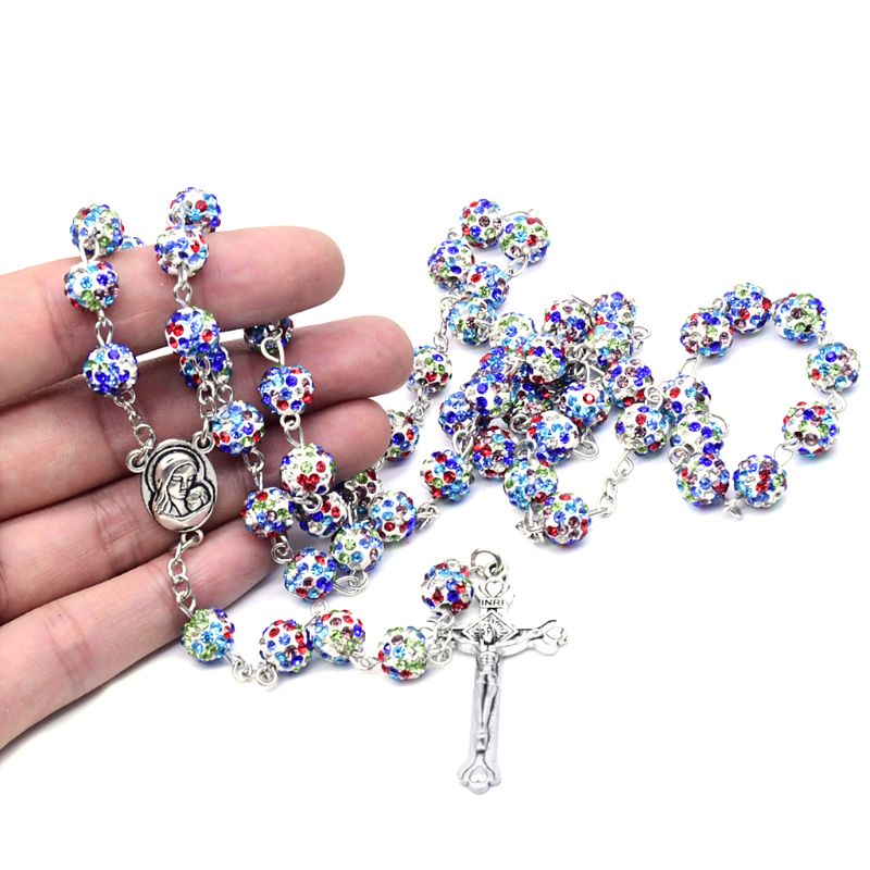 Crystal Cross Hanger Rozenkrans Kralen Collier Christelijke Religie Sieraden E5BB