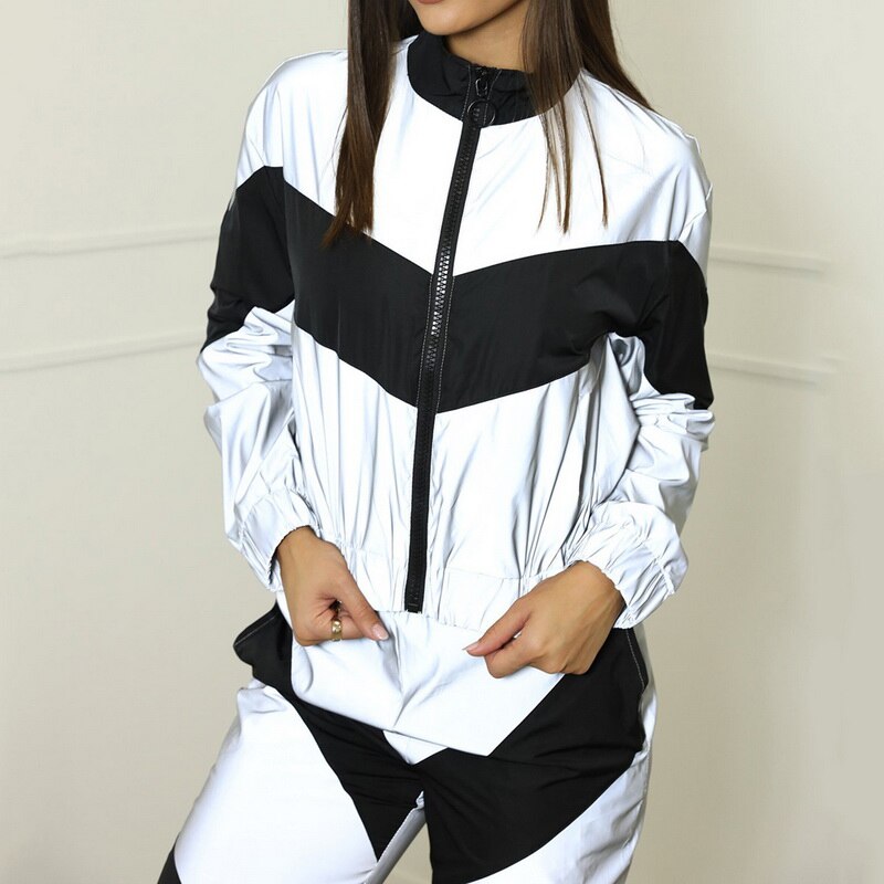 Women Tracksuit 2 Piece Set Reflective Zip Crop Top Pant Windbreaker Female Loose Glow Jacket Trouser Plus Size