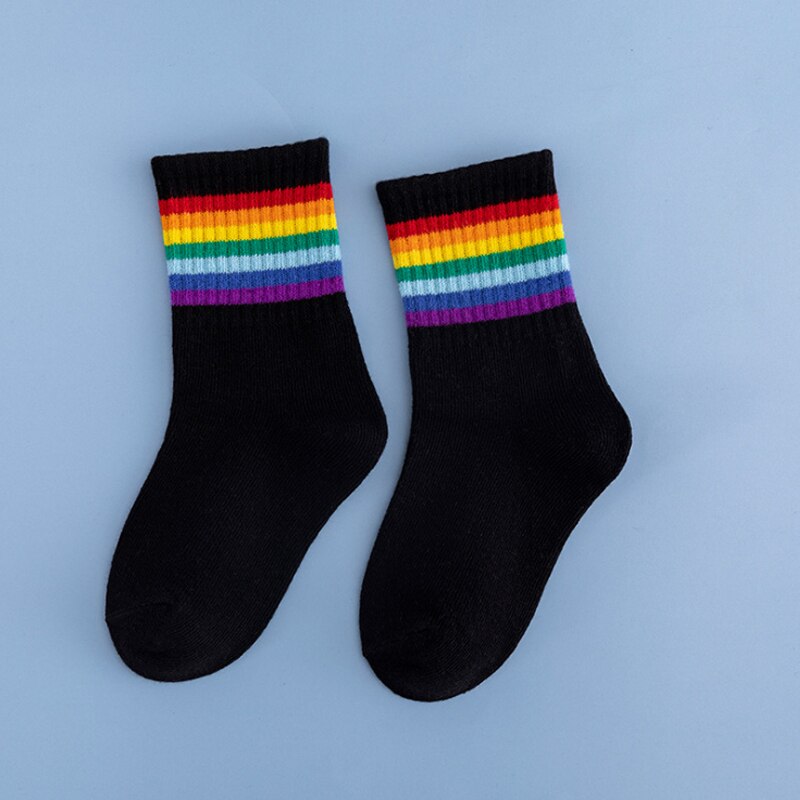 Winter Children Cotton Rainbow Striped Socks Warm Chrismas Baby Socks: Black / S(1-3Y)