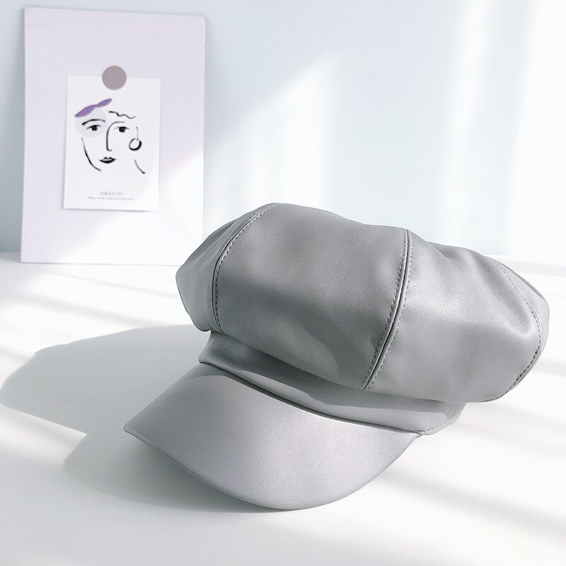Cuero octogonal cap mujeres invierno otoño cap casual boina Hat niñas artista pintor cap hombre tapa plana: grey