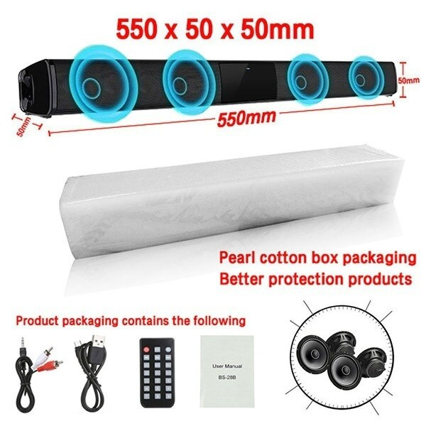 Caixa de som soundbar para home theater, 20w, bluetooth, sem fio, portátil, coluna, subwoofer com rádio fm para computador, sistema de som de tv: 550mm BS28B