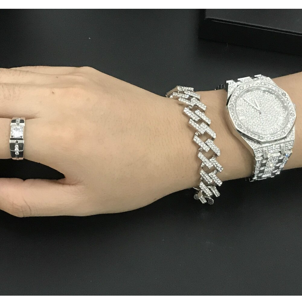 Luxe Mannen Gouden Kleur Horloge & Armband & Ring Combo Set Crystal Miami Ice Out Cubaanse Horloge Braclete Ketting Jewerly hip Hop Voor Mannen