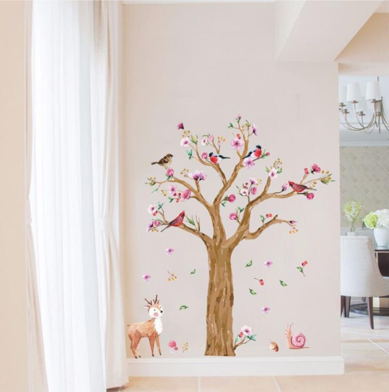Cartoon Animals Tree wall sticker for Kids Room Hand Painted Birds Deer mamalook Lovely Flower Wall Decal mamalook