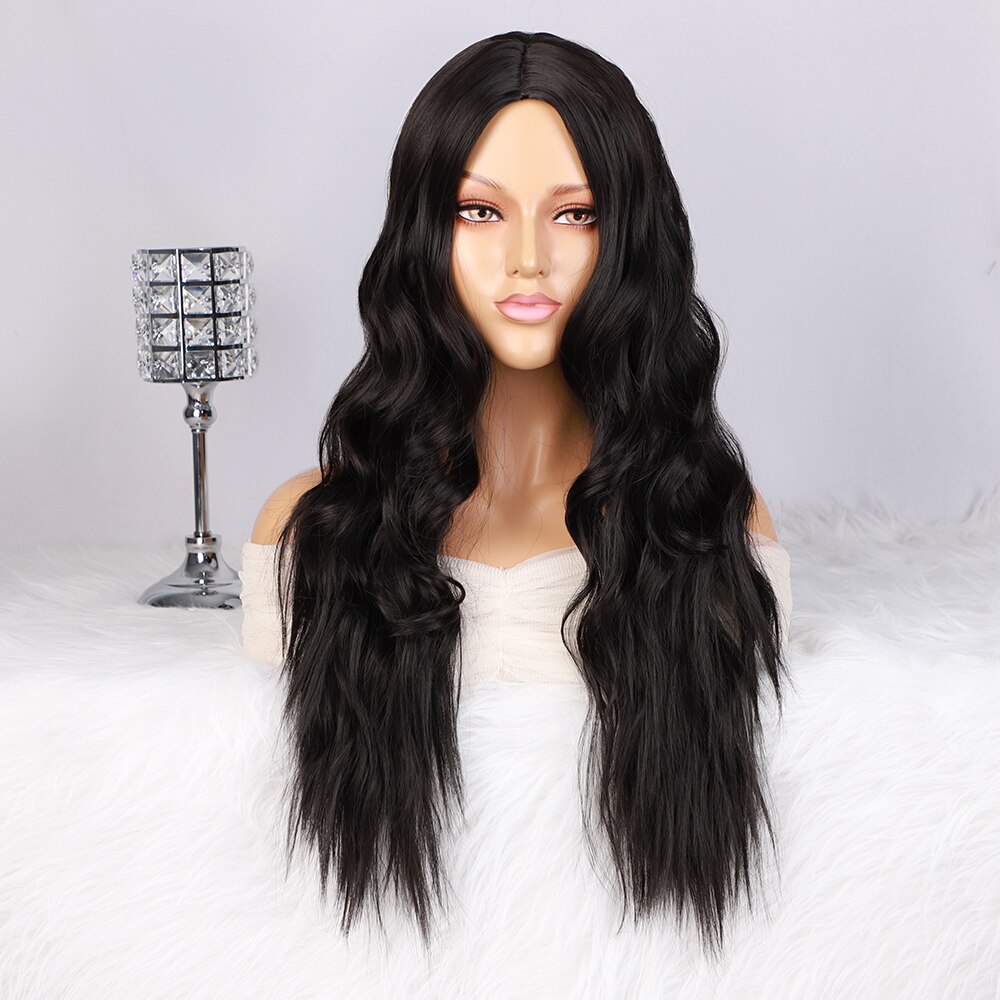 Krachtige Lange Golvende Pruiken Ombre Platina Blon Natuurlijke Haar Deel Synthetische Pruiken Voor Vrouwen Lijmloze Cosplay Hittebestendige Party Pruik: Black
