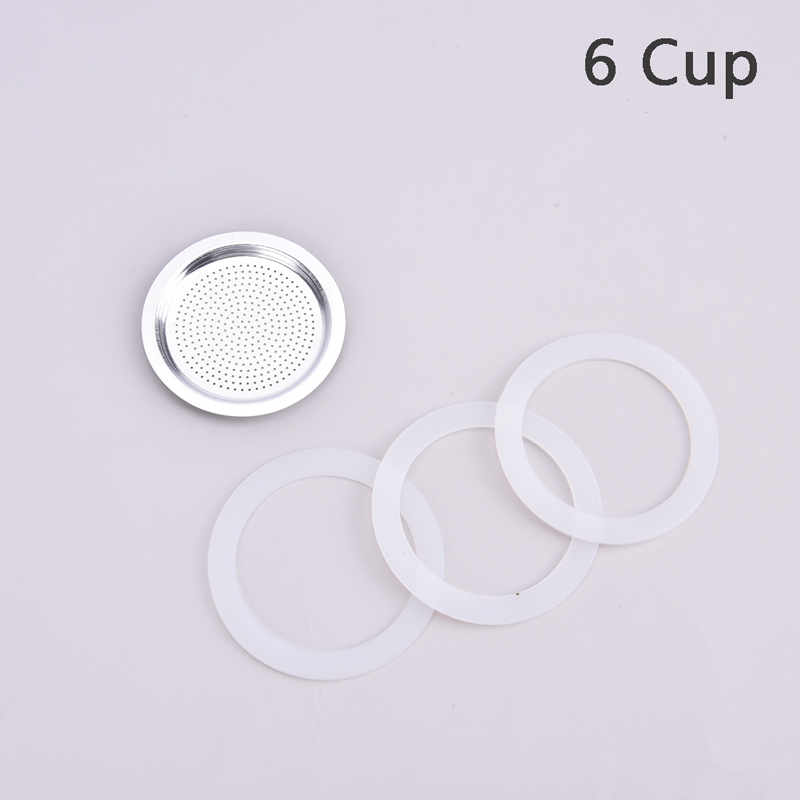 3 Silicone Gaskets And 1Pc Stainless Steel Filter Moka Pot Coffee Bottle Replacement Compatible With 3/6/9/12 Cup Moka Express: 6 Cup